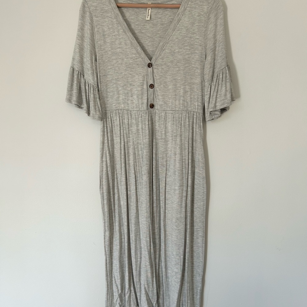 Gray V-Neck Buttoned Women's Dress